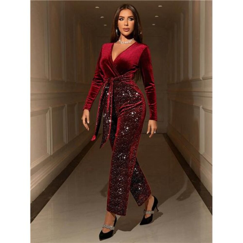 NEW - Elegant Women's Overlap V-Neck Long Sleeve‎ Shiny Wide Leg Velvet Sexy